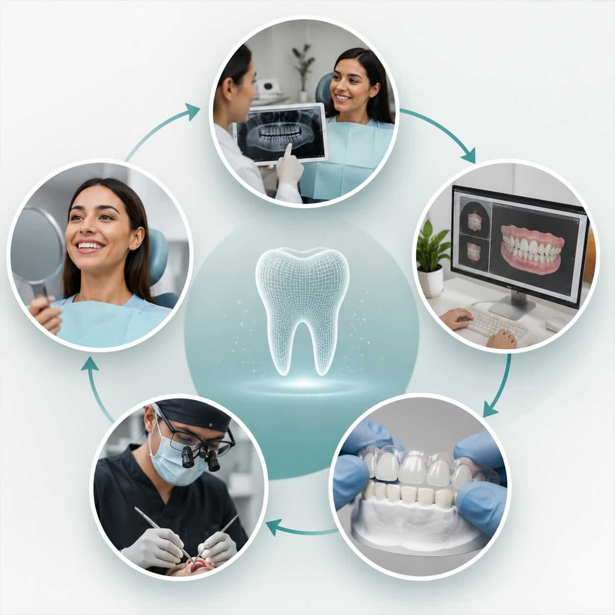 Imagen ilustrativa del proceso de diseño de sonrisa en i-Smile Cancún, con diagnóstico dental, planeación personalizada, mock-up, tratamiento y seguimiento clínico.